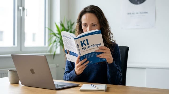 Person liest am Schreibtisch das Buch „KI für Anfänger“
