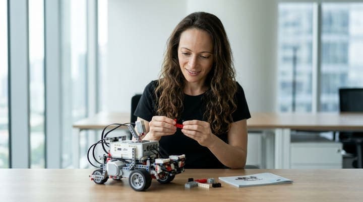 Person baut am Tisch einen Roboter aus LEGO-Technic-Teilen