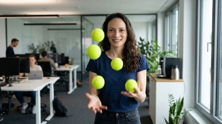 Person jongliert im Büro mit fünf Tennisbällen