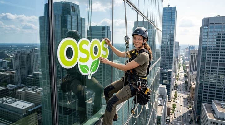 Person am Kletterseil bringt das OSOS-Logo an einer Hochhausfassade an